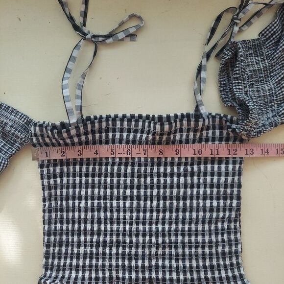 Black White Gingham Smocked Tie Strap Off Shoulder Mini Dress (Estimated) Small - Picture 6 of 9